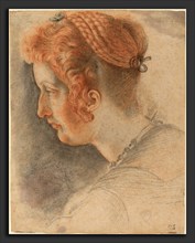 Italian 16th Century, Head of a Woman, black and red chalk with wash on laid paper
