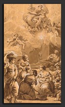 Follower of Francesco Fontebasso, Birth of the Virgin, 18th century, pen and brown ink, brush and