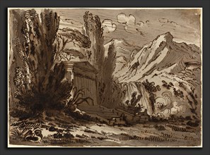 Felice Giani (Italian, 1758 - 1823), Mountainous Landscape with Classical Temple, pen and brown ink