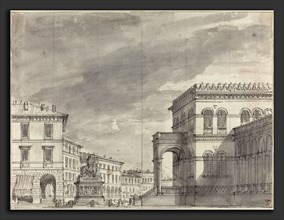 Alessandro Sanquirico (Italian, 1780 - 1849), Piazza with an Equestrian Monument and a Palace, c.