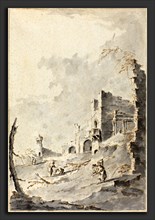 Giacomo Guardi (Italian, 1764 - 1835), Capriccio of Classical Ruins with a Fortress, pen and brown