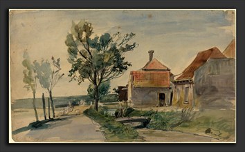 Johan Barthold Jongkind (Dutch, 1819 - 1891), A Stream Running between Houses and a Road,