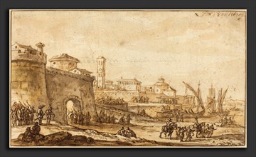 Jacob van der Ulft (Dutch, 1621 - 1689), A Coastal Scene with a Fortified Town, c. 1670, pen and