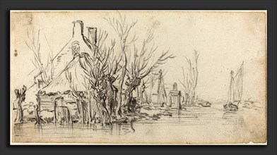 Jan van Goyen (Dutch, 1596 - 1656), Cottages by a River, c. 1627-1629, black chalk with touches of