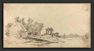 Jan van Goyen (Dutch, 1596 - 1656), River Landscape with a Distant Bridge, c.1627-1629, black chalk