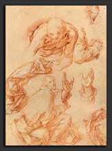 Abraham Bloemaert (Dutch, 1564 - 1651), Studies of Hands and Bending Figures, red chalk heightened