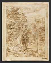 Johan Wierix (Flemish, c. 1549 - 1615 or after), Mary Magdalene Praying in the Wilderness, pen and