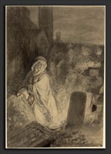Joseph Fay (German, 1813 - 1875), A Man Fleeing from a Nun Praying in a Cemetery, graphite and gray