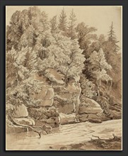 Carl Wagner (German, 1796 - 1867), Wooded Cliffs along a Stream, 1840s, black chalk with brown wash