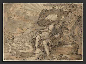 German 17th Century, Allegorical Female Figure in a Landscape [recto], c. 1600, pen and brown ink