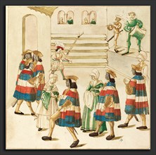 German 16th Century, Men in Red, White and Blue Dancing with  Their Partners, c. 1515, pen and