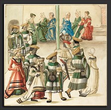 German 16th Century, Three Dancing Couples Led by Two Knights in Room with Column, c. 1515, pen and