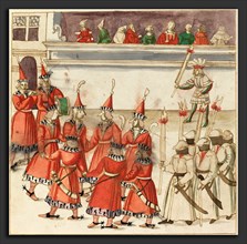 German 16th Century, Seven Men in Red Gathered in a Circle, c. 1515, pen and brown ink with