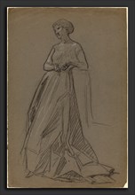 French 19th Century, Standing Woman Leaning on Her Elbow, 1890s, black chalk heightened with white