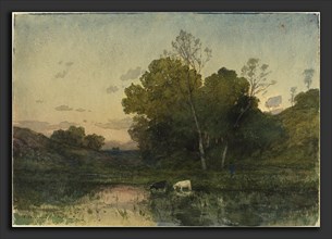 Henri-Joseph Harpignies (French, 1819 - 1916), Evening Light on a Wooded Lakeside with Cattle
