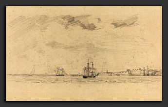 EugÃ¨ne Boudin (French, 1824 - 1898), Coastal Landscape with Shipping, c. 1858, graphite