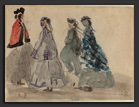 EugÃ¨ne Boudin (French, 1824 - 1898), Four Women at Trouville, 1865, watercolor and graphite on