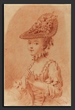 French 18th Century, A Young Girl Wearing a Flowered Hat, red chalk on light beige laid paper