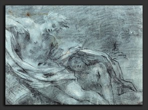 French 17th Century, Two Reclining Figures, black chalk heightened with white on blue laid paper