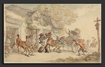 Thomas Rowlandson (British, 1756 - 1827), Changing Horses at a Post House in France, c. 1790,