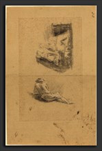 John Flaxman (British, 1755 - 1826), Reclining Man; Two Women, black chalk? heightened with white