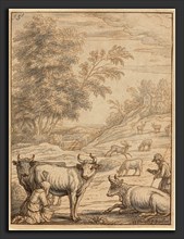 Francis Barlow (English, 1626 - 1702 or 1704), A Meadow with Cattle and Deer, 1684, pen and brown