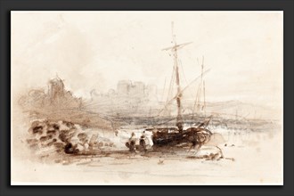 British 19th Century, Sailboat on a Beach, first half 19th century, brown wash and graphite