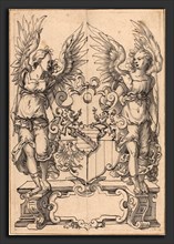 Jost Amman (Swiss, 1539 - 1591), Two Angels Holding a Coat of Arms, pen and black ink with gray
