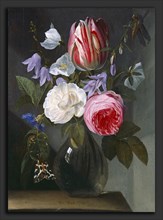 Jan Philips van Thielen, Roses and a Tulip in a Glass Vase, Flemish, 1618 - 1667, c. 1650-1660, oil