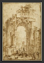 Circle of Giovanni Paolo Panini, Arch of Titus, pen and brown ink and brown wash on laid paper