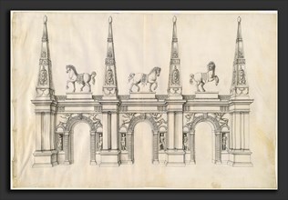 Jacques Androuet Ducerceau I, A Triumphal Arch with Caparisoned Horses and Ornamented Pinnacles,