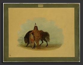 George Catlin, A Cheyenne Warrior Resting His Horse, American, 1796 - 1872, 1861-1869, oil on card