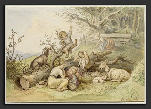 Ludwig Richter (German, 1803 - 1884), Children and Goats Resting by a Fallen Tree, 1868, pen and