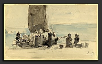 EugÃ¨ne Boudin, Loading the Boats, French, 1824 - 1898, c. 1875, watercolor and graphite