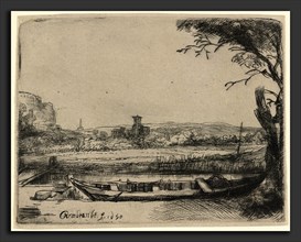 Rembrandt van Rijn, Canal with a Large Boat and Bridge, Dutch, 1606 - 1669, 1650, etching and