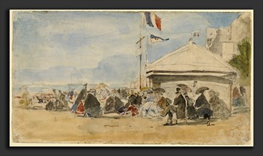 EugÃ¨ne Boudin, Beach House with Flags at Trouville, French, 1824 - 1898, c. 1865, watercolor over