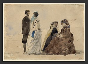 EugÃ¨ne Boudin, Two Ladies Seated and a Couple Walking on the Beach, French, 1824 - 1898, c. 1866,