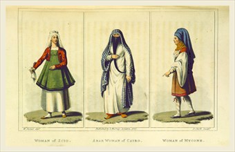 Journal of a Tour in the Levant, woman of Scio, of Cairo and a woman of Mycone, engraving 1820