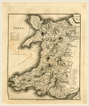 A Topographical Dictionary of the United Kingdom, Wales map, 19th century engraving, UK