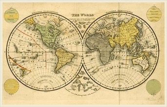 World map, The Boston School Atlas, US, America, 19th century engraving