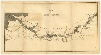 Ireland in 1834, map of the river Shannon, 19th century engraving