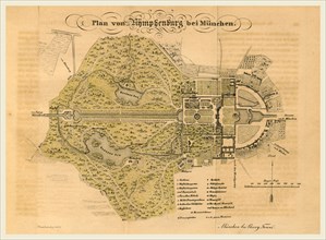 Map Nymphenburg near Munchen Germany, 19th century engraving