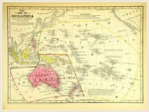 Map of Oceanica, Oceania, 19th century engraving
