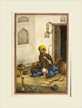 Tashrih al-aqvam, a bowmaker. Shown bending the wood of a bow over a bowl of embers, Occupational