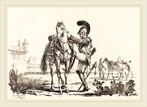 Carle Vernet (French, 1758-1836), Carabinier Mounting a Horse, lithograph