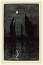 Henri-Charles Guérard (French, 1846-1897), Moonlight in the Harbor at Dieppe, c. 1885, color