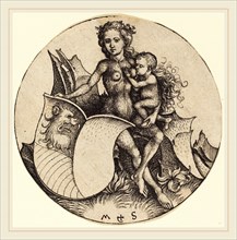 Martin Schongauer (German, c. 1450-1491), Shield with Lion's Head, Held by Wild Woman, c.