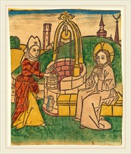German 15th Century, Christ and the Woman of Samaria, probably 1485, woodcut, hand-colored in red
