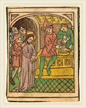 German 15th Century, Pilate Washing His Hands [recto], c. 1440-1450, woodcut, hand-colored in