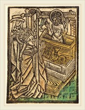 Workshop of Master of the Aachen Madonna, Saint Gregory, c. 1480, metalcut, hand-colored in green,